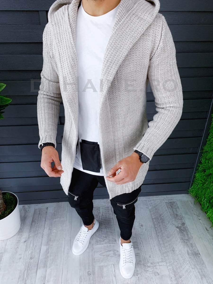 Cardigan barbati bej cu gluga slim fit zr t3516 5-1/2